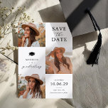 Graduation 3 Photo Save The Date Card<br><div class="desc">Elegant graduation save the date cards exquisitely designed to feature three of your favourite photos of the graduate,  beautifully inscribed with the title 'save the date' and a grad cap. Personalize these cards with their name,  the date,  and the location.</div>
