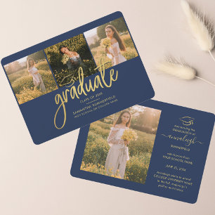 Graduation 4 Photo Collage Navy Blue Gold Script Announcement