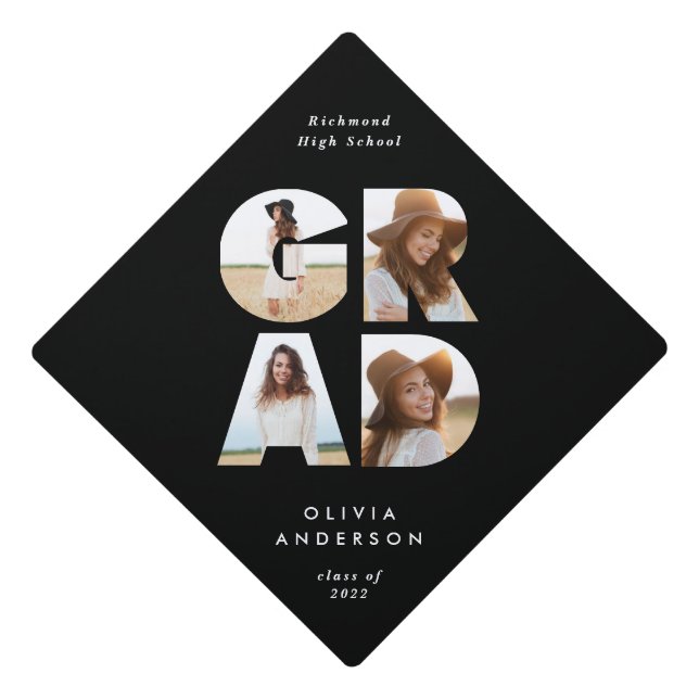 Graduation 4 photo modern personalised black white cap topper (Front)
