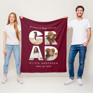 Graduation 4 photo modern personalised burgundy fleece blanket