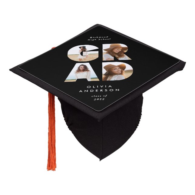 Graduation 4 photo modern personalised burgundy graduation cap topper (Angled)