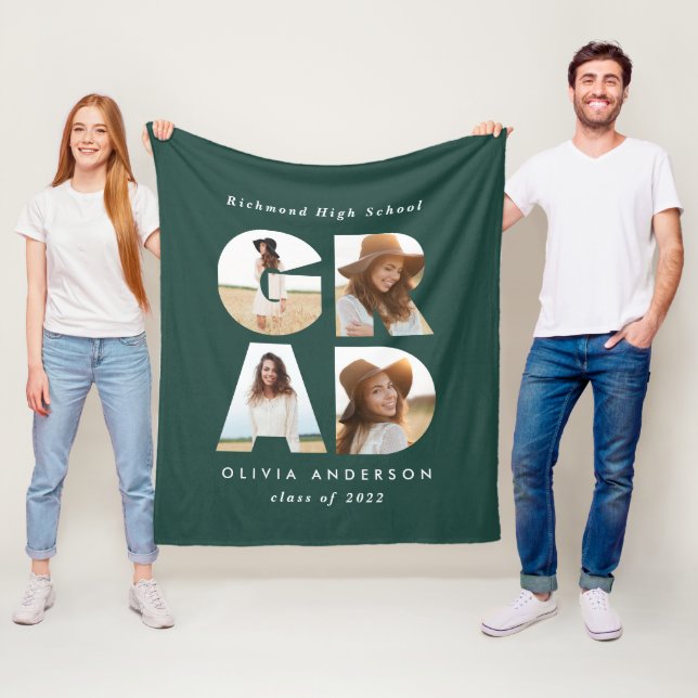 Graduation 4 photo modern personalised green fleece blanket (In Situ)