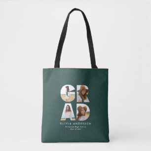 Graduation 4 photo modern personalised green tote bag