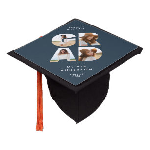 Graduation 4 photo modern personalised navy blue cap topper