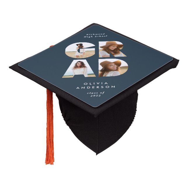 Graduation 4 photo modern personalised navy blue graduation cap topper (Angled)