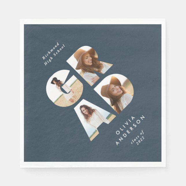 Graduation 4 photo modern personalised navy blue napkin (Front)