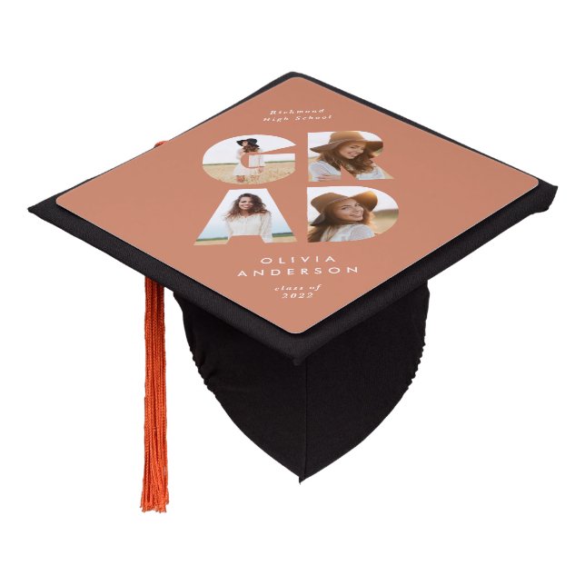 Graduation 4 photo modern personalised peach graduation cap topper (Angled)