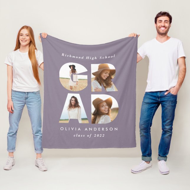 Graduation 4 photo modern personalised purple fleece blanket (In Situ)