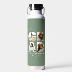 Graduation 4 photo modern personalised sage green water bottle