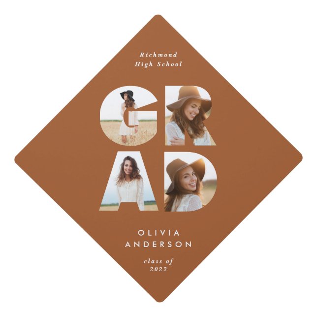 Graduation 4 photo modern personalised terracotta graduation cap topper (Front)