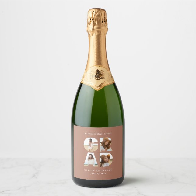 Graduation 4 photo modern personalised terracotta sparkling wine label (Front)