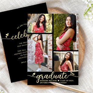 Graduation 4 Photo Modern Script Black Real Gold