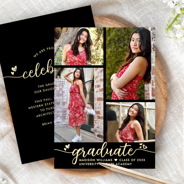 Graduation 4 Photo Modern Script Black Real Gold (Creator Uploaded)