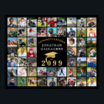 Graduation 54 Photo Collage Black Gold Cap Poster<br><div class="desc">Create your own graduation photo memories display printed on foam core board utilizing this easy-to-upload photo collage template with 54 square pictures of your graduate through the years to share at their graduation party. The editable black and gold design features a faux metallic gold graduation cap, the title CONGRATULATIONS NAME...</div>
