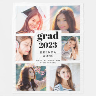 Graduation 6 Photo Collage Black Script White 2021 Fleece Blanket