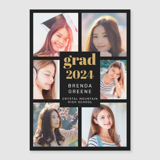 Graduation 6 Photo Collage Gold White Script Black (Front)