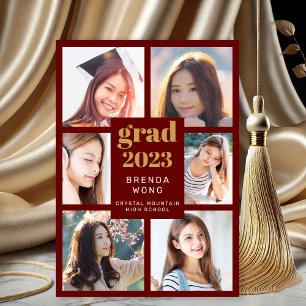Graduation 6 Photo Collage Gold White Script Red Announcement
