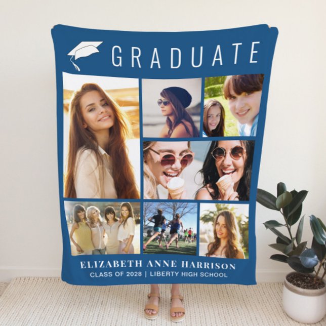 Graduation 7 Photo Collage Blue Fleece Blanket (Creator Uploaded)