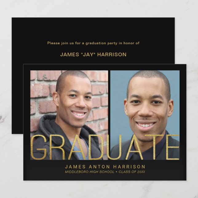 Graduation Announcement - 2 Photos with Gold Text (Front/Back)