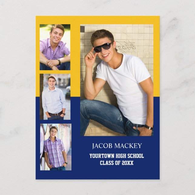 Graduation Announcement 4 Photo Collage Blue Gold Postcard (Front)