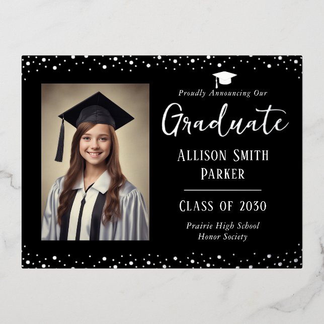 Graduation Announcement Black and Silver Photo (Front)