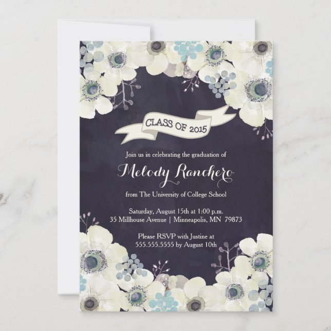 Graduation Announcement - blue grey anemone flower (Front)