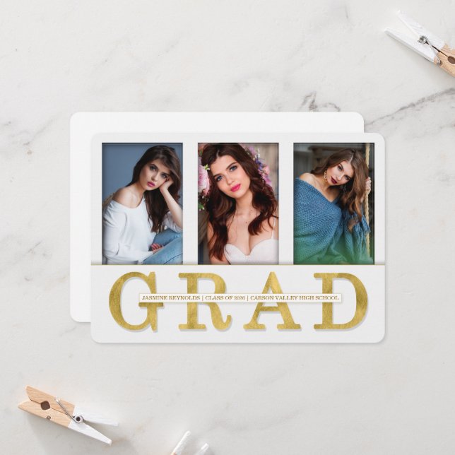 Graduation Announcement Faux Gold Leaf 3 Photo (Front/Back In Situ)