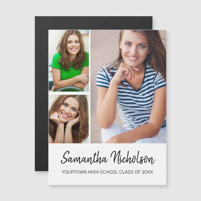 Graduation Announcement Modern White 3 Photo (Front/Back)