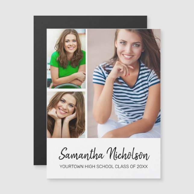 Graduation Announcement Modern White 3 Photo (Front/Back)