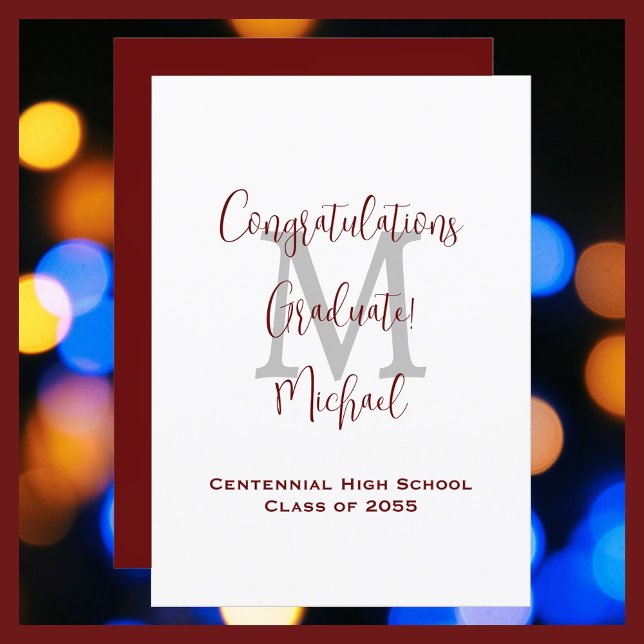 Graduation Announcement, Name Burgundy White Grey Invitation (Creator Uploaded)