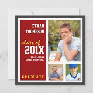 Graduation Announcement with 3 Photos in Red
