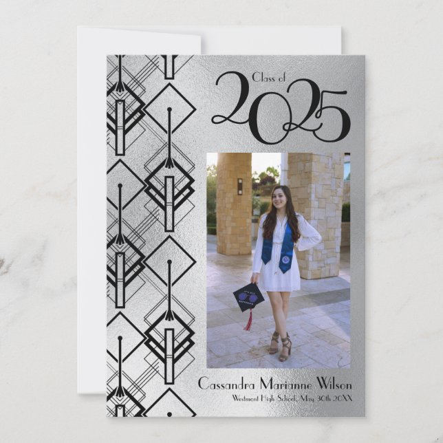 Graduation Argent Art Déco Faire-part Noir (Devant)
