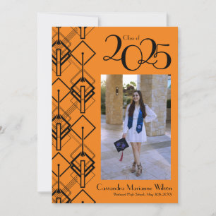 Graduation Art Deco Black Orange Announcement