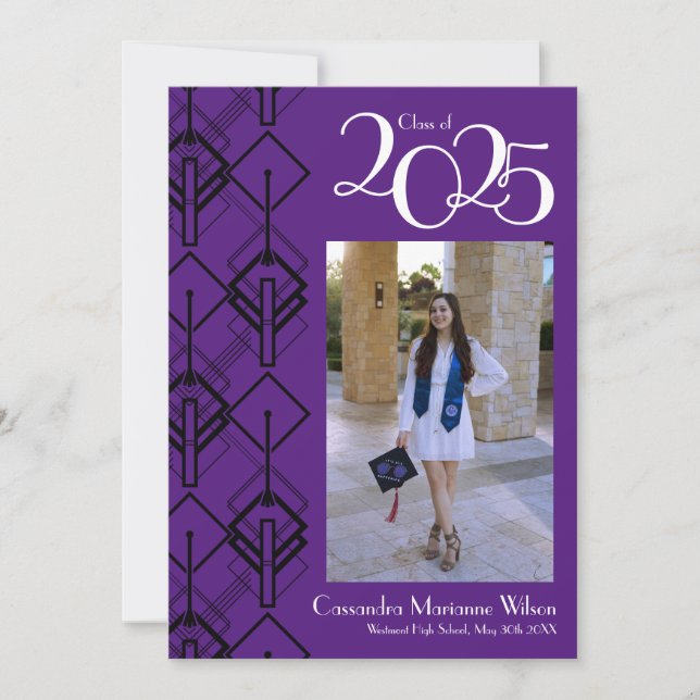 Graduation Art Deco Black Purple Announcement (Front)