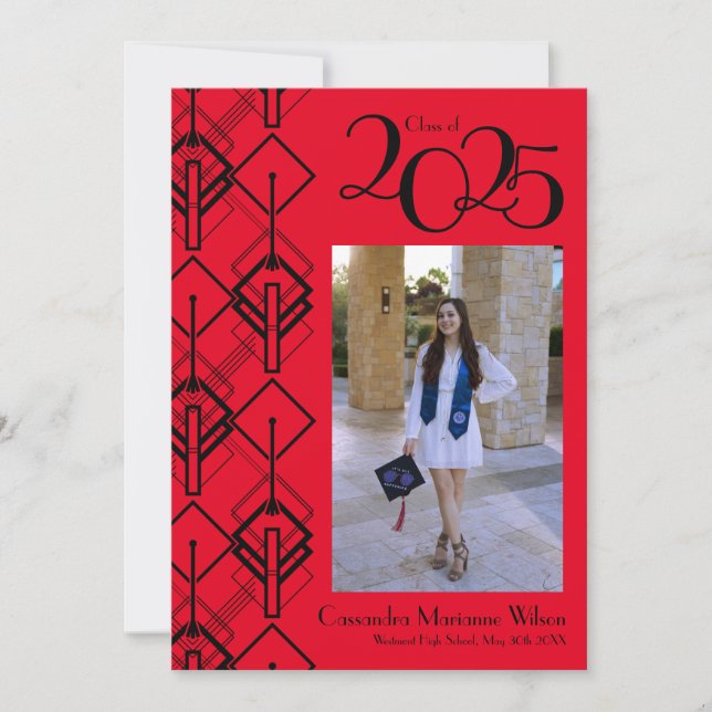 Graduation Art Deco Black Red Announcement (Front)