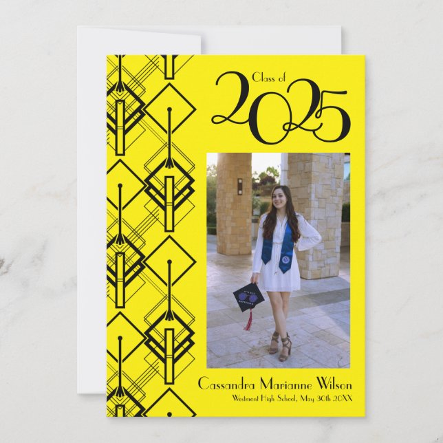 Graduation Art Déco Faire-part rouge noir (Devant)