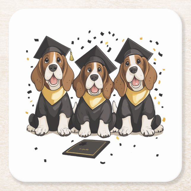 Graduation Basset Hound Dogs Square Paper Coaster (Front)