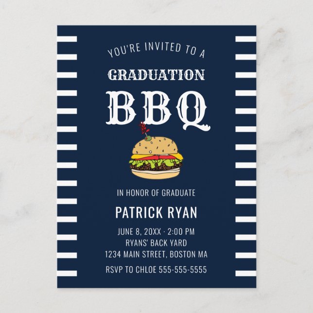 Graduation BBQ Party Bleu Blanc Blancs Invitation (Devant)
