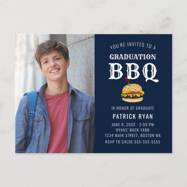 Graduation BBQ Party Blue White Stripe Invitation  Postcard (Front)