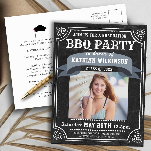 Graduation BBQ Party Chalkboard Photo Invitation (Créateur téléchargé)