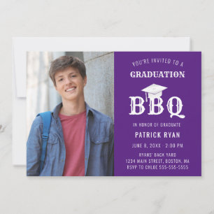 Graduation BBQ Party Photo Purple White Grad Cap Announcement