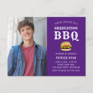 Graduation BBQ Party Purple White Invitation Postcard