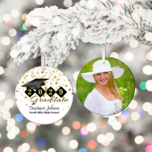 Graduation Black and Gold 20XX Photo Ceramic Ornament