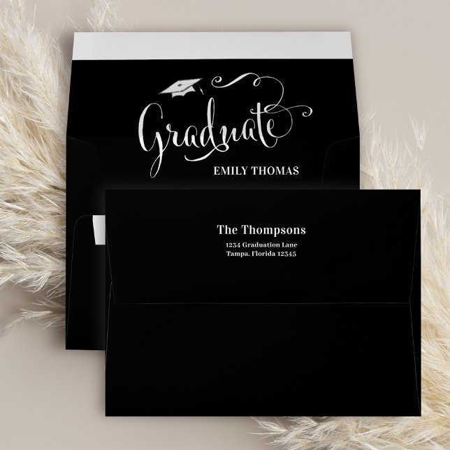 Graduation Black and White Script Return Address Envelope (Graduation envelope with fun and creative typography script. )