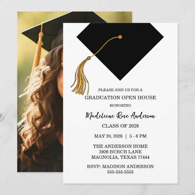 Graduation Black Cap And Tassel Photo Open House  Invitation (Front/Back)