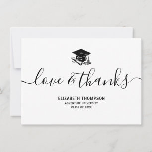 Graduation Black Cap Love & Thanks Modern Script Thank You Card