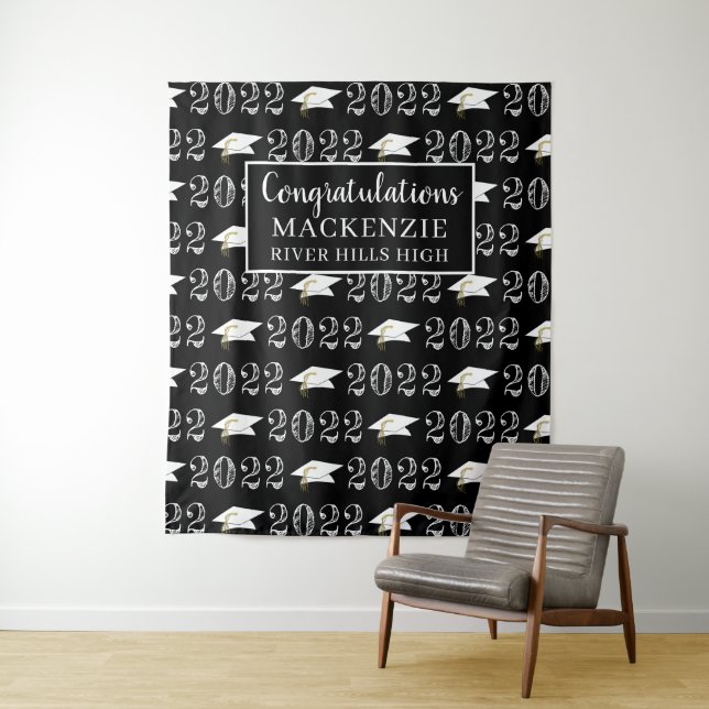 Graduation Black Class Year Photo Op Backdrop Tapestry (In Situ)