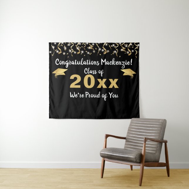 Graduation Black Gold Confetti Class Year Backdrop Tapestry (In Situ (Horizontal))
