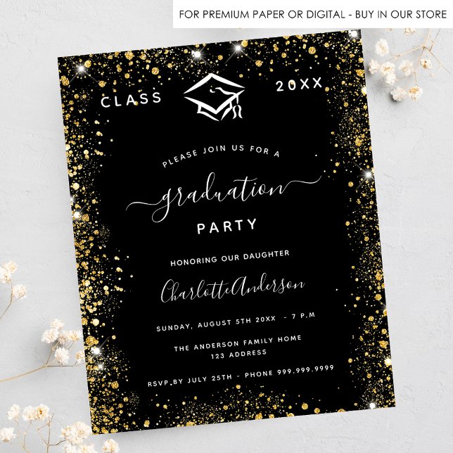 Graduation black gold glitter budget invitation flyer (Creator Uploaded)