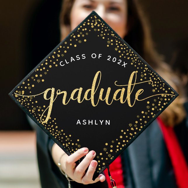 Graduation black gold glitter script dots monogram graduation cap topper (Creator Uploaded)